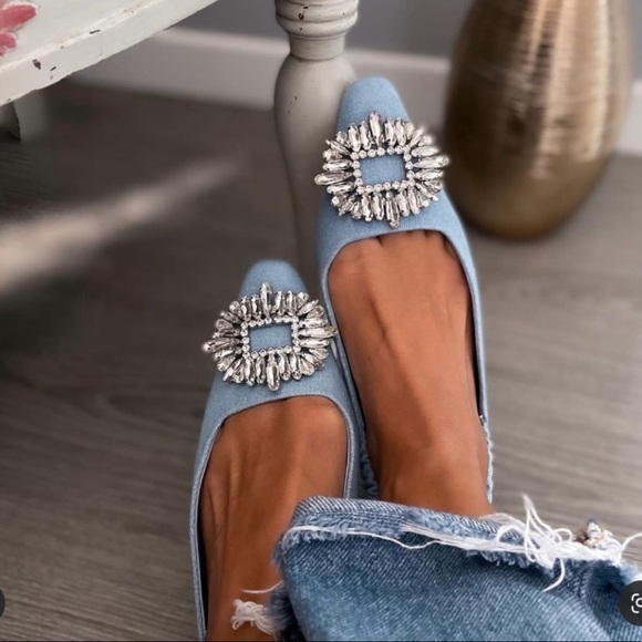 ZARA NWT Shimmery Denim Sparkly Slingback Flats